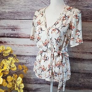 NEW SIENNA SKY FLORAL SHORT FLUTTER SLEEVE V NECK WRAP TIE FRONT BLOUSE TOP
